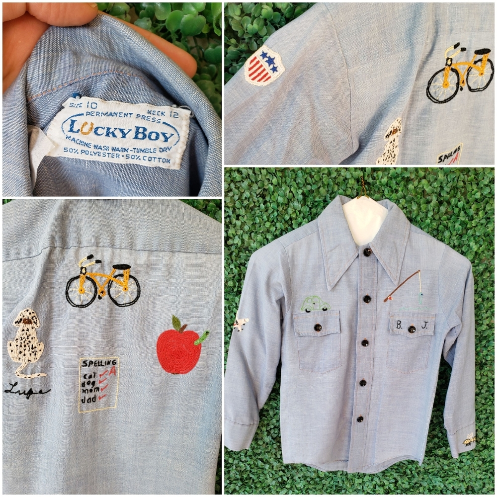 70s Vintage Boys' Shirt, Button Up Chambray